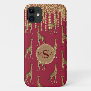 Gold Giraffe Monogram Bling Burgundy Jewels iPhone 11 Case