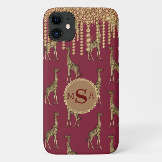 Gold Giraffe Monogram Bling Burgundy Jewels Case-Mate iPhone Case (Back)