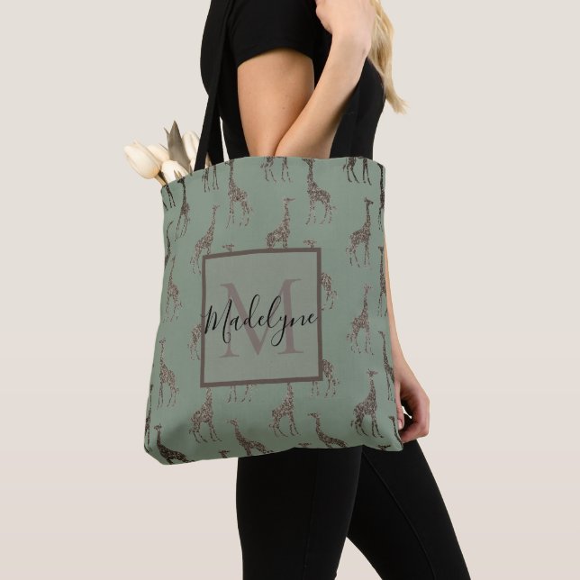 Gold Giraffe on Sage Green Monogram Tote (Close Up)