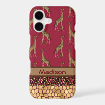 Gold Giraffe Stylish Burgundy Name Chic Jungle