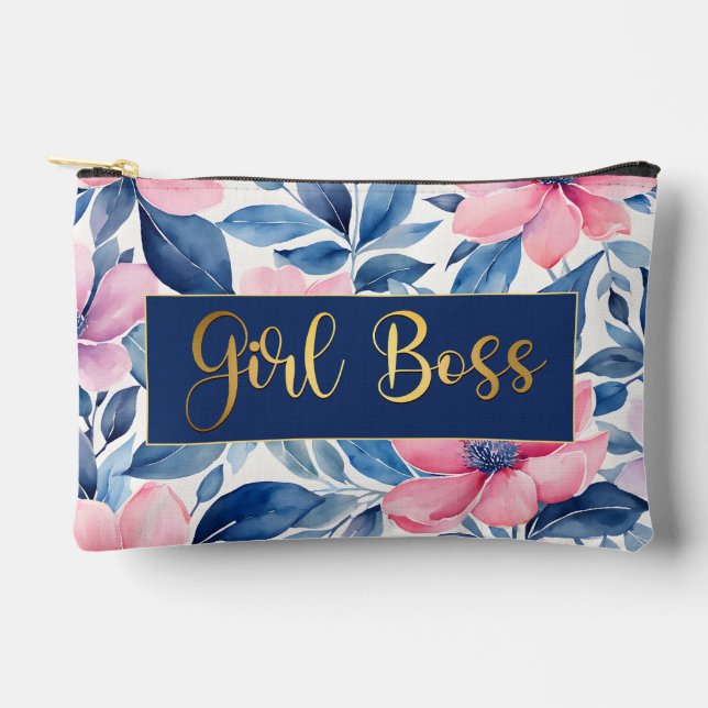 Gold Girl boss with floral pattern Best Boss EVER  Accessory Pouch (Front)