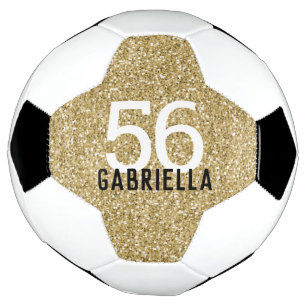 Gold Girly Glitter Name and Team Number Soccer Ball