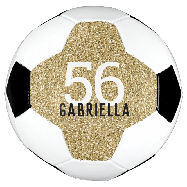 Gold Girly Glitter Name and Team Number Soccer Ball (Rotated)
