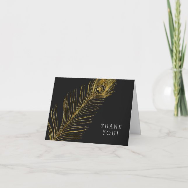 Gold Glam and Black Peacock Feather Thank you Card (Front)