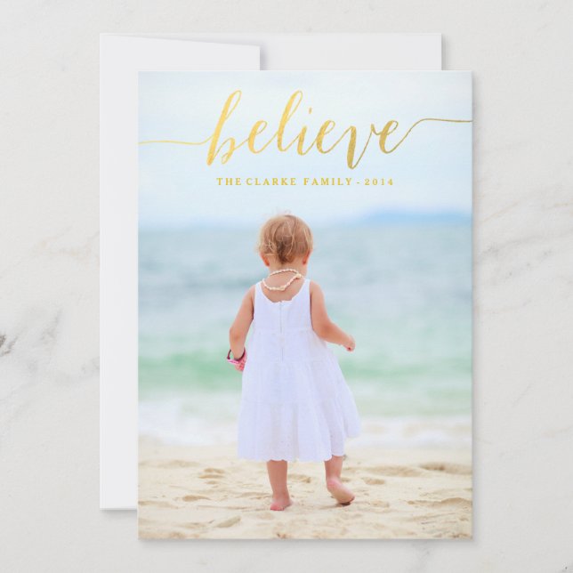 Gold Glam Believe Holiday Photo Card (Front)