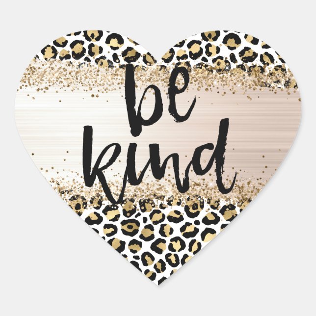 Gold Glam Black Leopard Print Be Kind Confetti Heart Sticker (Front)