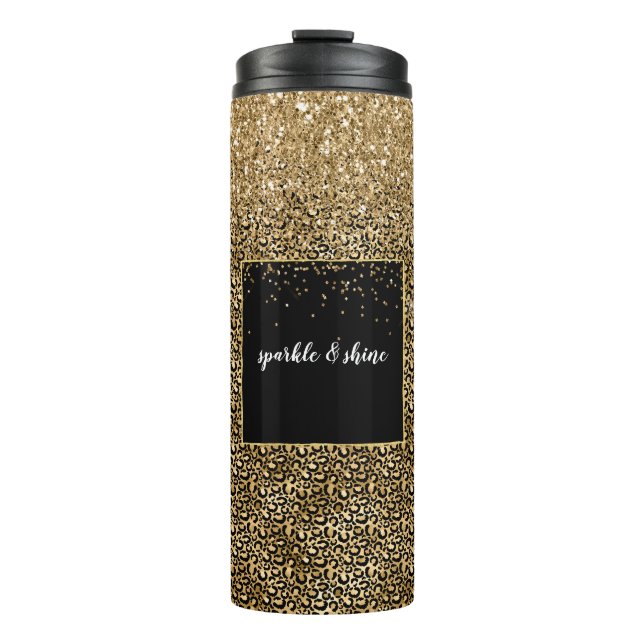 Gold Glam Black Leopard Print faux glitter Thermal Tumbler (Front)