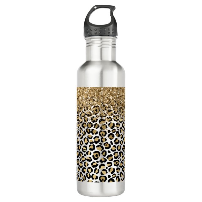 Gold Glam Black Leopard Print Glitter Sparkle 710 Ml Water Bottle (Front)