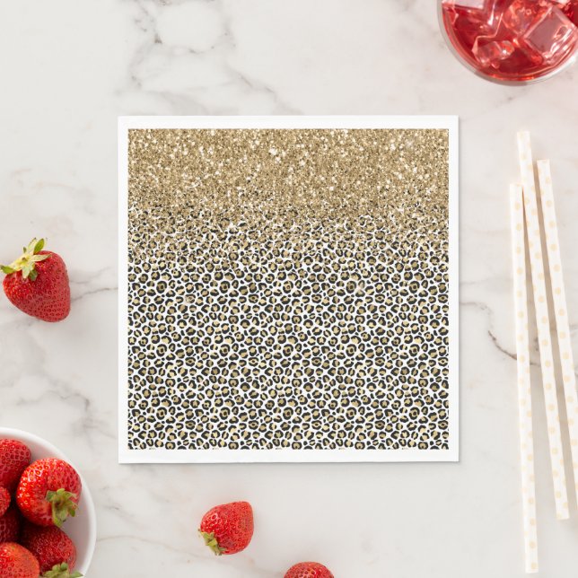Gold Glam Black Leopard Print Glitter Sparkle Napkin (Insitu)