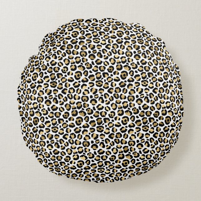 Gold Glam Black Leopard Print Round Pillow (Front)