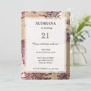 Gold Glam Burgundy Hearts Birthday Invitation