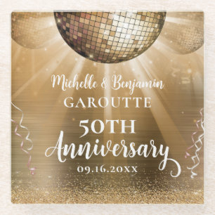 Gold Glam Disco Ball 50th Wedding Anniversary Glass Coaster