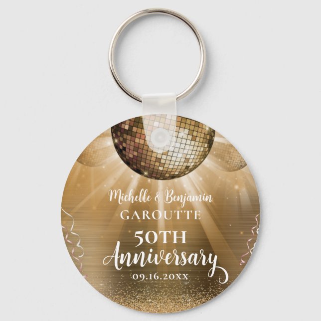 Gold Glam Disco Ball 50th Wedding Anniversary Keychain (Front)