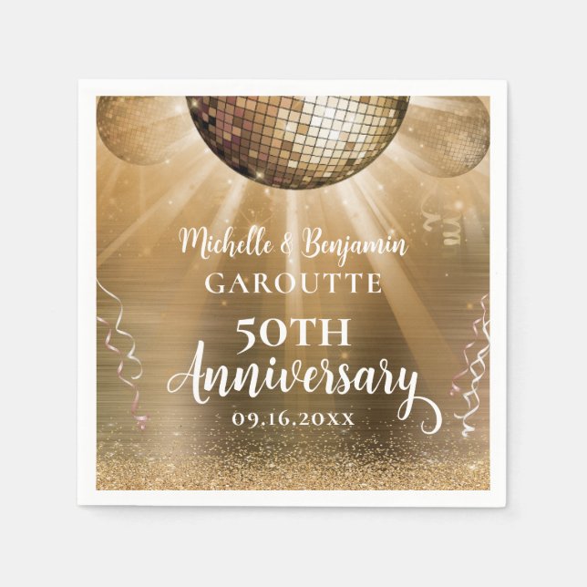 Gold Glam Disco Ball 50th Wedding Anniversary Napkin (Front)