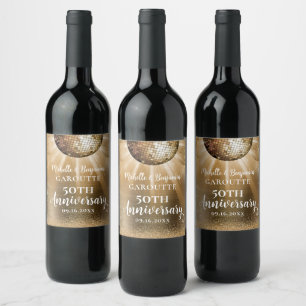 Gold Glam Disco Ball 50th Wedding Anniversary Wine Label