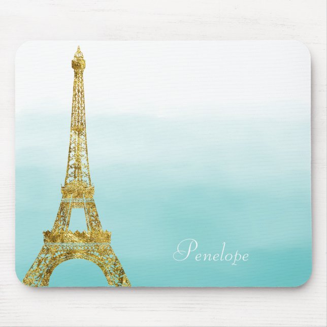 Gold Glam Eiffel Tower Aqua Ombre Watercolor Mouse Pad (Front)