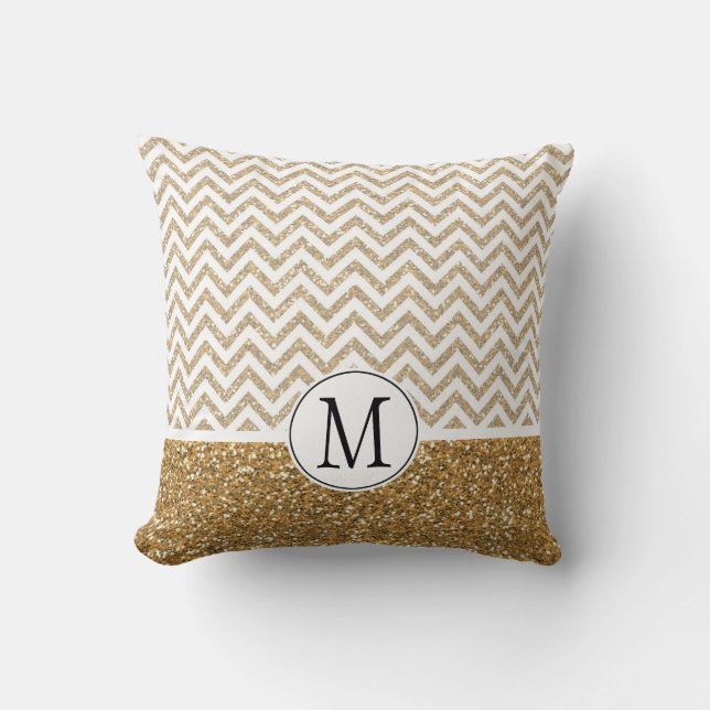 Gold Glam Faux Glitter Chevron Throw Pillow (Front)