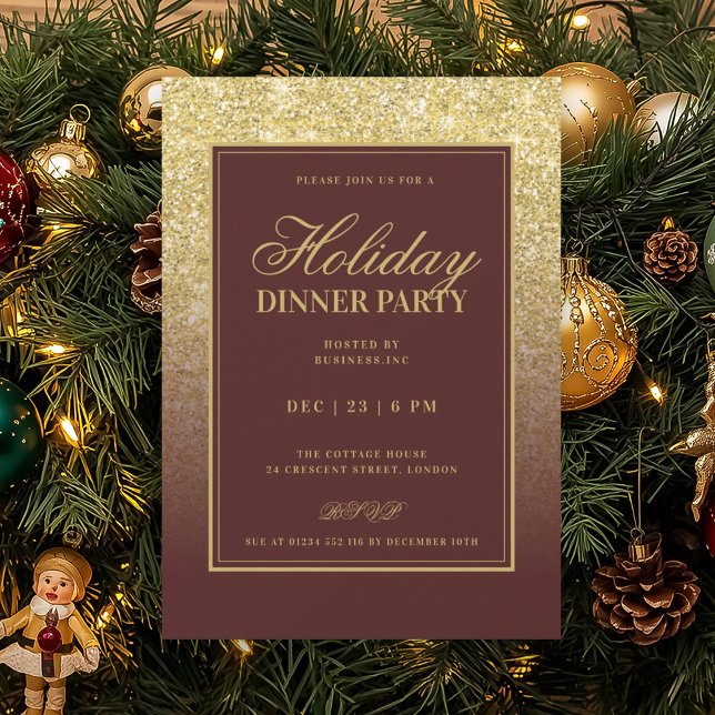 Gold Glam FAUX Glitter Holiday Dinner Burgundy  Invitation (Gold Glam FAUX Glitter Holiday Dinner Burgundy Invitation)