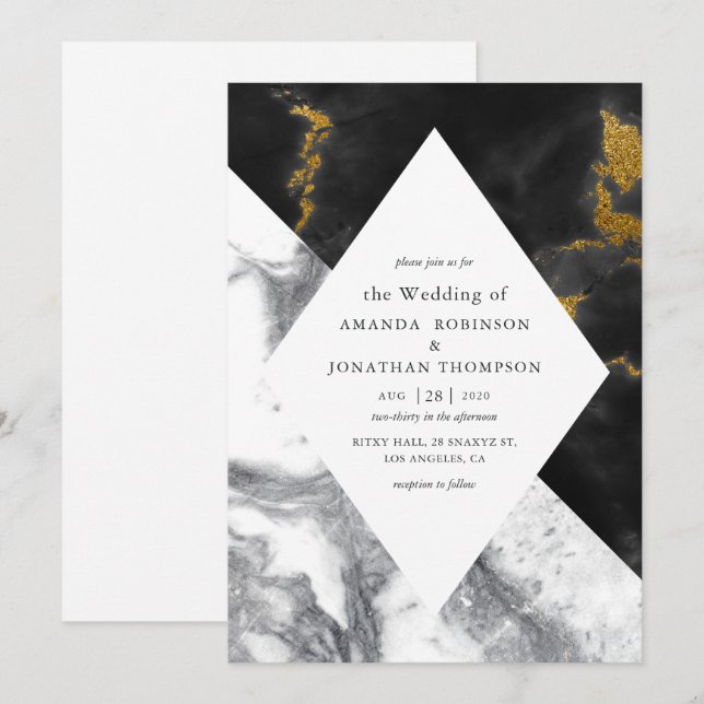 Gold Glam Faux Glitter Marble Wedding Invitation (Front/Back)