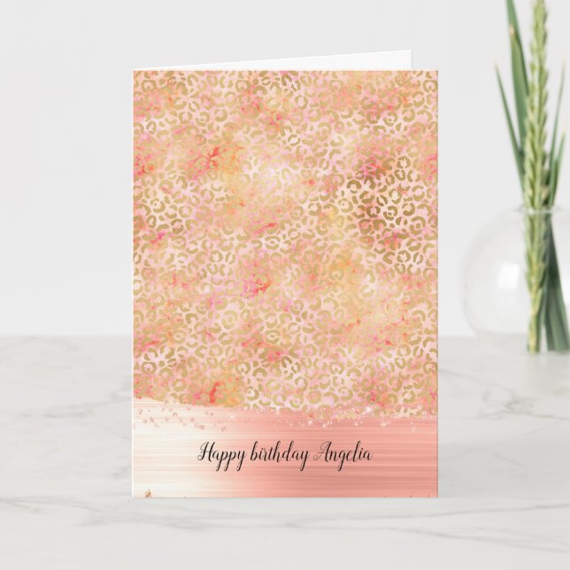 Gold Glam Girly Peach Pink Blush Leopard Print Card (Front)