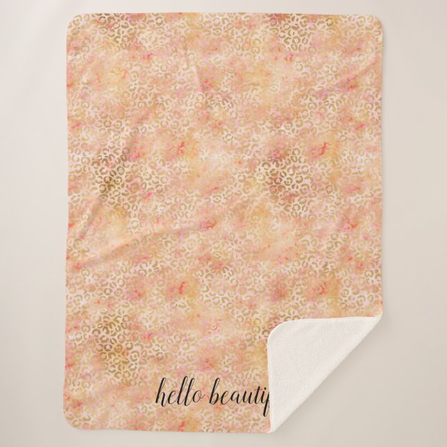 Gold Glam Girly Peach Pink Blush Leopard Print Sherpa Blanket (Front)