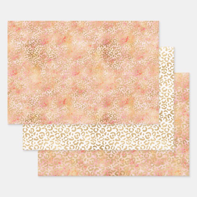 Gold Glam Girly Peach Pink Blush Leopard Print Wrapping Paper Sheet (Set)