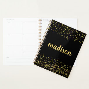 Gold Glam Glitter Confetti   Personalized Black Planner