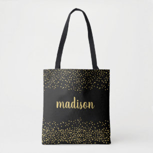 Gold Glam Glitter Confetti   Personalized Black Tote Bag