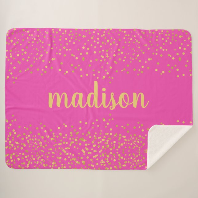 Gold Glam Glitter Confetti | Personalized Pink Sherpa Blanket (Front (Horizontal))