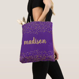 Gold Glam Glitter Confetti   Personalized Purple Tote Bag