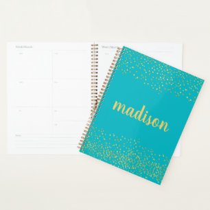 Gold Glam Glitter Confetti   Personalized Teal Planner