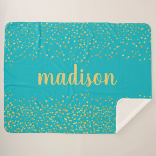 Gold Glam Glitter Confetti   Personalized Teal Sherpa Blanket