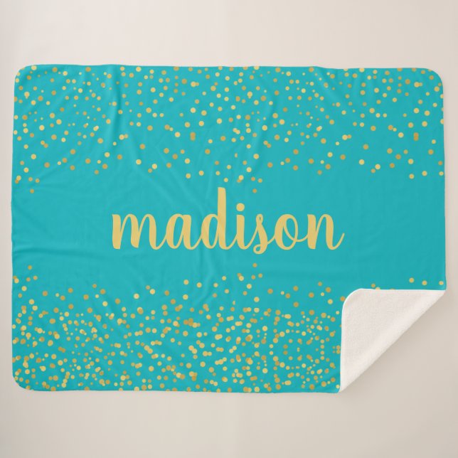 Gold Glam Glitter Confetti | Personalized Teal Sherpa Blanket (Front (Horizontal))