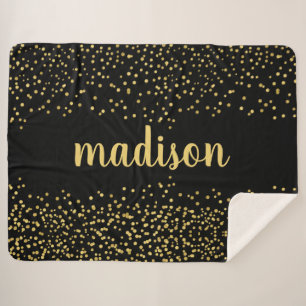 Gold Glam Glitter Confetti   Your Name on Black Sherpa Blanket