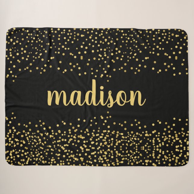 Gold Glam Glitter Confetti | Your Name on Black Sherpa Blanket (Front (Horizontal))