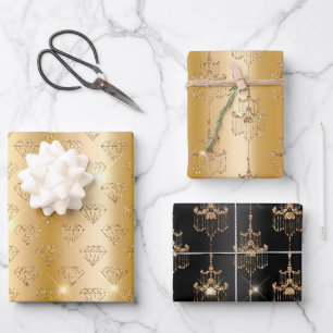 Gold Glam Glitter Diamonds & Chandeliers Wrapping Paper Sheet