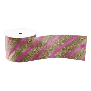 Gold Glam Glitter Girly Pink Stripes Grosgrain Ribbon