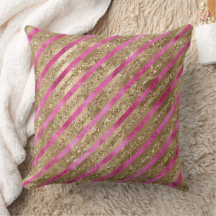 Gold Glam Glitter Girly Pink Stripes Throw Pillow