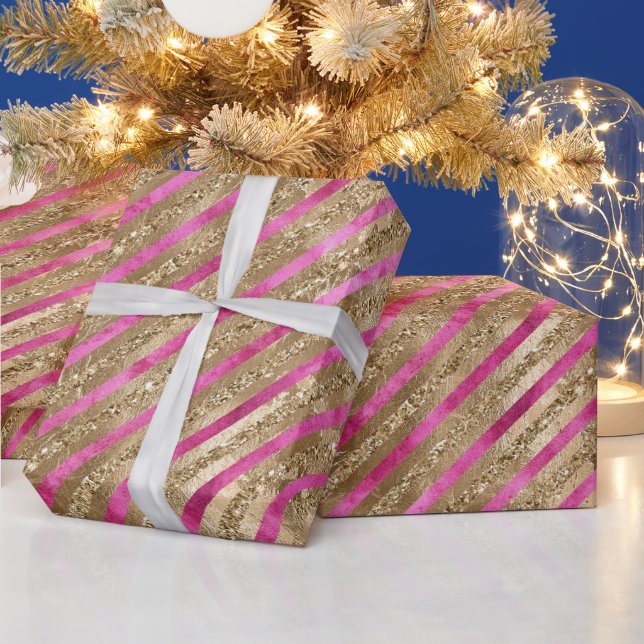 Gold Glam Glitter Girly Pink Stripes Wrapping Paper (Holidays)