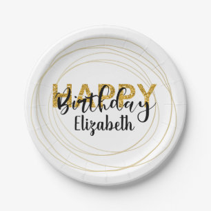 Gold Glam Glitter Happy Birthday Personalized Paper Plate