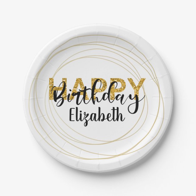 Gold Glam Glitter Happy Birthday Personalized Paper Plate (Front)