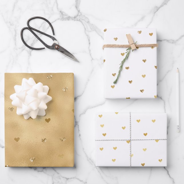 Gold Glam Glitter Hearts Wrapping Paper Sheet (Front)