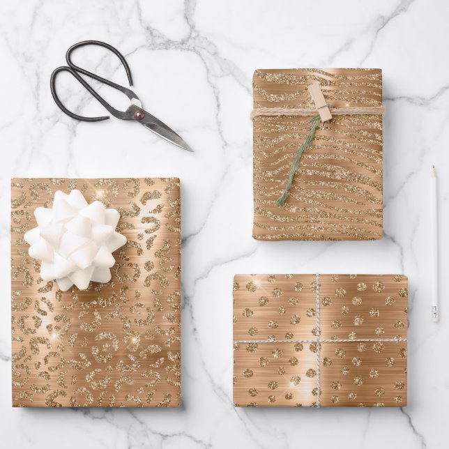 Gold Glam Glitter Leopard Animal Print Wrapping Paper Sheet (Front)