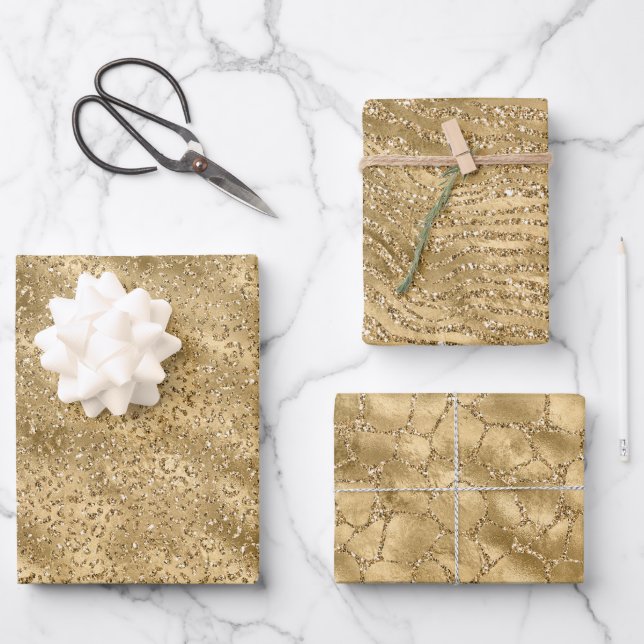 Gold Glam Glitter Leopard Giraffe Zebra Animal Wrapping Paper Sheet (Front)