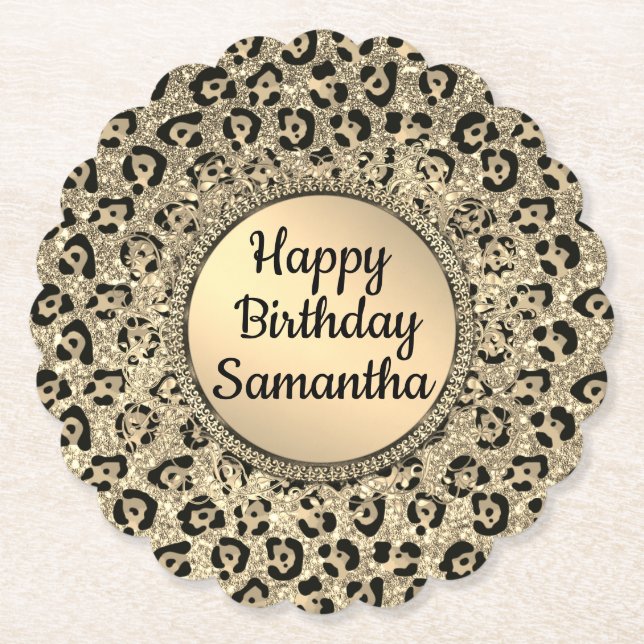 Gold Glam Glitter Leopard Print Paper Coaster (Front)