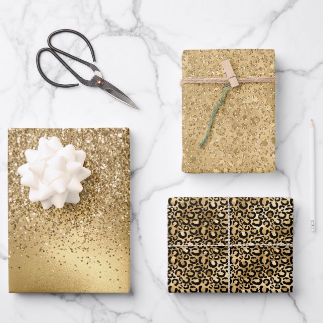 Gold Glam Glitter Leopard Wrapping Paper Sheet (Front)