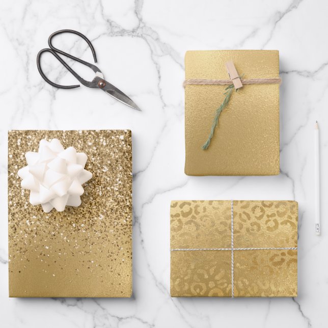 Gold Glam Glitter Leopard Wrapping Paper Sheet (Front)