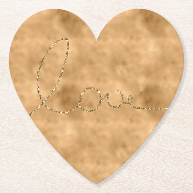 Gold Glam Glitter Love Paper Coaster (Front)