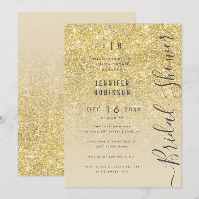 Gold Glam Glitter Script Bridal Shower  Invitation (Front/Back)