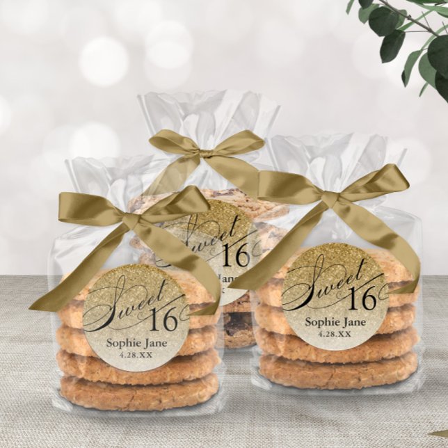 Gold Glam Glitter Sweet 16 Personalized Classic Round Sticker (Creator Uploaded)